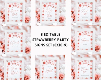 Strawberry Baby Shower Table Signs Set: Editable Party Decor (Digital Download), Strawberry Baby Shower Signs Set, Printable
