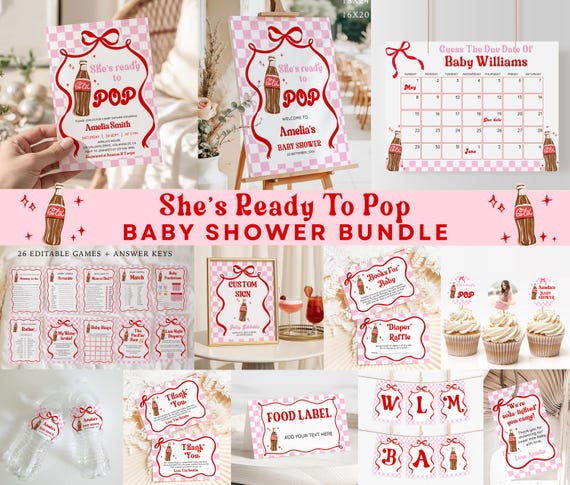She's Ready to Pop Baby Shower Bundle, Red Pink Bow Soda Pop Theme, Cola Soda Pop Girl Baby Shower EDITABLE Canva Templates, Printable