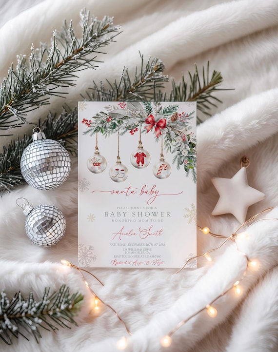 Christmas Baby Shower Invitation, Santa Baby Shower Invitation, Winter Holiday Baby Shower Invite Template,Winter Wonderland Baby Shower