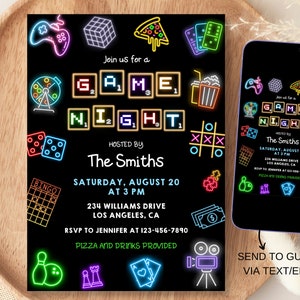 Invitación para noche de juegos, invitación para fiesta en casa, invitación para fiesta de juegos de mesa, plantilla de invitación de cumpleaños para noche de juegos familiares editable neón, descarga instantánea