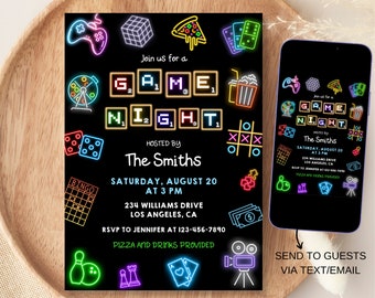 Game Night Invitation, House Party Invite, Board Games Party Invite, Neon EDITABLE Family games night Invite Birthday template, Instant Down