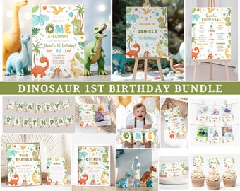 Dinosaur 1st Birthday Invitation Bundle, Dinosaur Birthday Invite, 1st Birthday Boy, Dino Party Games & Decorations Printable,Dino Birthday
