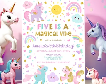Unicorn 5th Birthday Invitation: Five is a Magical Vibe Pastel Rainbow Unicorn Invite, Editable Template (Digital Download),Printable