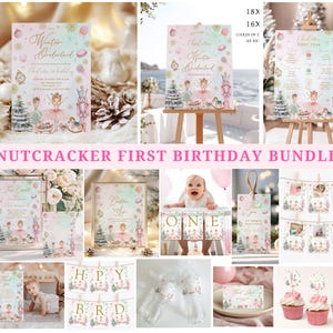 パステルピンクのくるみ割り人形ウィンターワンダーランド1歳の誕生日セット、編集可能なクリスマスガール1歳の誕生日、シュガープラムホリデーバースデー、印刷可能