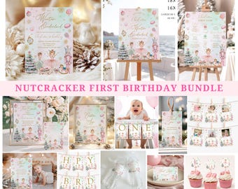 パステルピンクのくるみ割り人形ウィンターワンダーランド1歳の誕生日セット、編集可能なクリスマスガール1歳の誕生日、シュガープラムホリデーバースデー、印刷可能