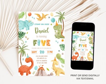 May include: A dinosaur-themed birthday invitation with the text "Stomp on Over" and "Daniel is turning FIVE." The invitation features watercolor illustrations of dinosaurs, palm trees, and balloons. The date and time of the party are also included.
