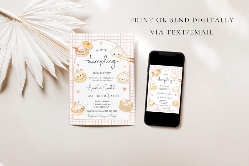 May include: A baby shower invitation with a dumpling theme. The invitation features a cute dumpling illustration, the text "A Little Dumpling is on the Way," and event details. A smartphone displays the invitation.