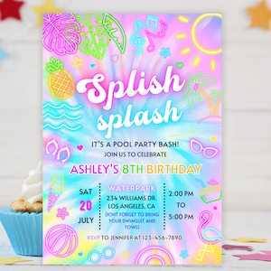 Pool party invitation, Glow neon Pool party Invite, Girl Boy Tropical tie dye birthday pool party invitation swimming party Splish Splash