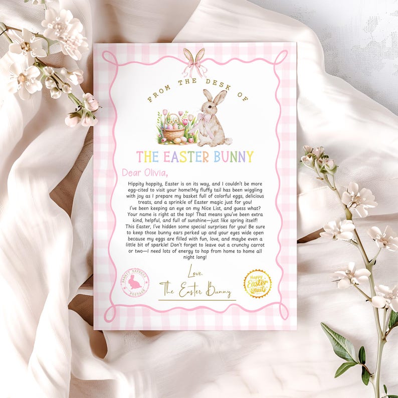 Puede incluir: Una carta a cuadros rosa y blanca del Conejo de Pascua para Olivia. La carta est&aacute; decorada con una ilustraci&oacute;n de un conejo y una cesta de huevos de Pascua. La carta dice: "Hippity hoppity, la Pascua est&aacute; en camino, y no podr&iacute;a estar m&aacute;s emocionado de visitar tu casa! Mi cola esponjosa ha estado movi&eacute;ndose de alegr&iacute;a mientras preparo mi cesta llena de huevos coloridos, deliciosos dulces y un toque de magia de Pascua solo para ti! He estado vigilando mi Lista de los Buenos, y adivina qu&eacute;? &iexcl;Tu nombre est&aacute; en la parte superior! Eso significa que has sido extra amable, servicial y lleno de sol, al igual que la primavera misma! Esta Pascua, he escondido algunas sorpresas especiales para ti! Aseg&uacute;rate de mantener tus orejas de conejo levantadas y tus ojos bien abiertos porque mis huevos est&aacute;n llenos de diversi&oacute;n, amor y tal vez incluso un poco de brillo! &iexcl;No olvides dejar una zanahoria crujiente o dos, necesito mucha energ&iacute;a para saltar de casa en casa toda la noche! Con cari&ntilde;o, El Conejo de Pascua"