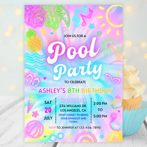 Pool-Party Einladung, Summer Glow Neon Swim Party einladen, Tropisches Batik Geburtstag Pool-Party einladen, Mädchen Schwimmparty sofort herunterladen