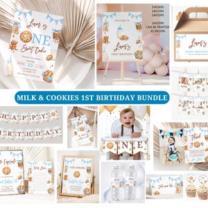 ミルク＆クッキー 1歳の誕生日パーティーバンドル（編集可能なデジタルダウンロード）、スイートクッキー1枚誕生日招待状バンドル、ブルーボーイ ミルク＆クッキー