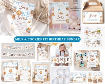 ミルク＆クッキー 1歳の誕生日パーティーバンドル（編集可能なデジタルダウンロード）、スイートクッキー1枚誕生日招待状バンドル、ブルーボーイ ミルク＆クッキー
