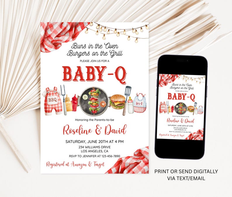 K&ouml;nnte beinhalten: Eine Babyparty-Einladung mit BBQ-Thema. Die Einladung zeigt den Text "Buns in the Oven, Burgers on the Grill" und "BABY-Q" in Rot. Das Design umfasst Illustrationen von BBQ-Artikeln und ein Smartphone, das die Einladung anzeigt.