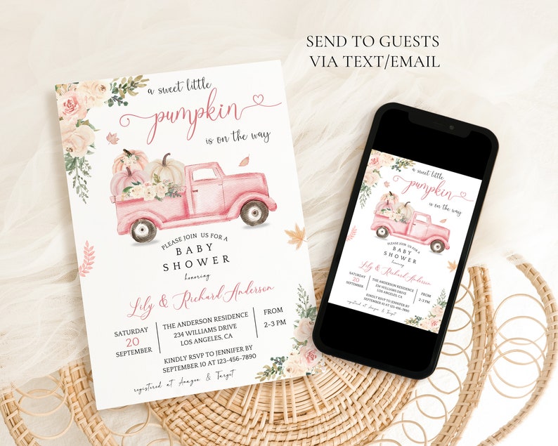 May include: A pink and white baby shower invitation with a watercolor illustration of a pink truck carrying pumpkins and flowers. The text reads "a sweet little pumpkin is on the way".