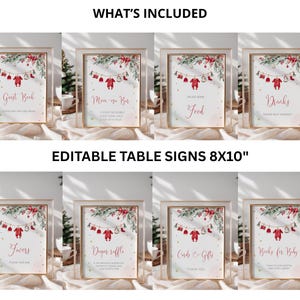 May include: Eight framed signs with gold borders, featuring festive Christmas-themed designs. Each sign includes text such as "Guest Book," "Mom-osa Bar," "Food," and "Drinks." The signs are 20.32 x 25.4 cm and are suitable for a baby shower or holiday event.