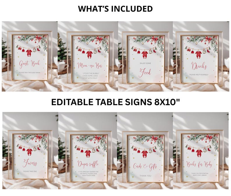 May include: Eight framed signs with gold borders, featuring festive Christmas-themed designs. Each sign includes text such as "Guest Book," "Mom-osa Bar," "Food," and "Drinks." The signs are 20.32 x 25.4 cm and are suitable for a baby shower or holiday event.