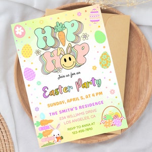 Peut inclure: Une invitation color&eacute;e &agrave; une f&ecirc;te de P&acirc;ques avec un design r&eacute;tro. L'invitation pr&eacute;sente un lapin de dessin anim&eacute; avec un visage souriant et les mots "Hip Hop" dans une police de caract&egrave;res groovy. Le texte sur l'invitation se lit comme suit : "Rejoignez-nous pour une f&ecirc;te de P&acirc;ques, dimanche 5 avril &agrave; 16h00, La r&eacute;sidence des Smith, 234 Williams Drive, Los Angeles, CA, RSVP &agrave; Anna au 123-456-7890."