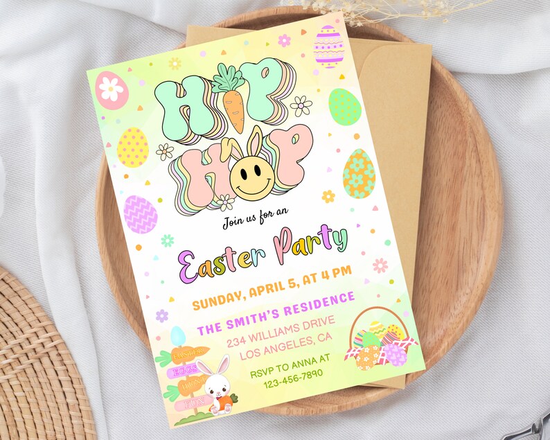 Peut inclure: Une invitation color&eacute;e &agrave; une f&ecirc;te de P&acirc;ques avec un design r&eacute;tro. L'invitation pr&eacute;sente un lapin de dessin anim&eacute; avec un visage souriant et les mots "Hip Hop" dans une police de caract&egrave;res groovy. Le texte sur l'invitation se lit comme suit : "Rejoignez-nous pour une f&ecirc;te de P&acirc;ques, dimanche 5 avril &agrave; 16h00, La r&eacute;sidence des Smith, 234 Williams Drive, Los Angeles, CA, RSVP &agrave; Anna au 123-456-7890."