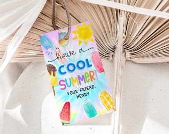 May include: A colorful summer-themed gift tag with a tie-dye background and ice cream cones. The text reads "Have a Cool Summer! Your friend, Henry."