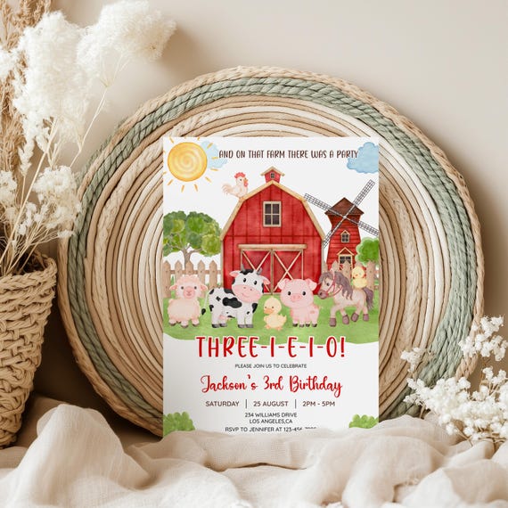 Three I E I O Birthday Invitation,Editable Boy 3rd Farm Birthday Invite, Barnyard Birthday, Red Farm Birthday Party,Tractor Party,Printable