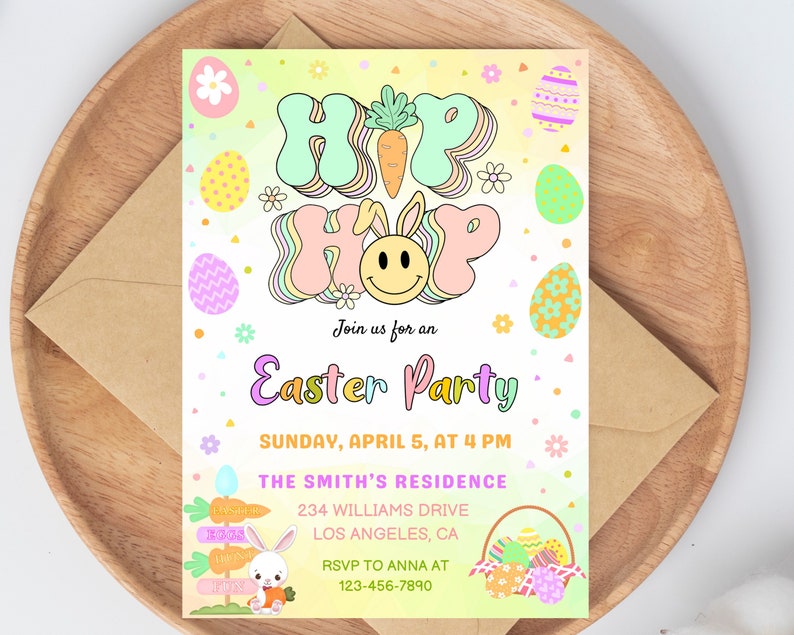 Peut inclure: Une invitation color&eacute;e &agrave; une f&ecirc;te de P&acirc;ques avec un lapin de dessin anim&eacute; et les mots "Hip Hop" dans une police r&eacute;tro. L'invitation comprend la date, l'heure et le lieu de la f&ecirc;te. RSVP &agrave; Anna au 123-456-7890.