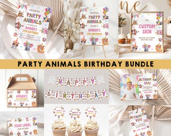 Paquete de invitaciones de cumpleaños con temática de animales fiesteros, Paquete de cumpleaños "Llamando a todos los animales fiesteros": Decoraciones de fiesta safari editables para cualquier edad (plantilla de Canva)