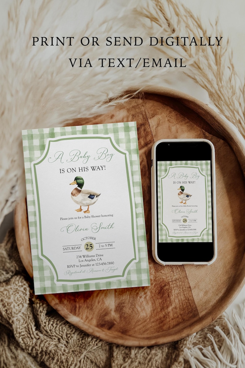 May include: Baby shower invitation with a green gingham border and the text "A Baby Boy Is On His Way!". Includes a watercolor duck illustration. A smartphone displays the same design. The invitation reads "Olivia Smith" and the date.