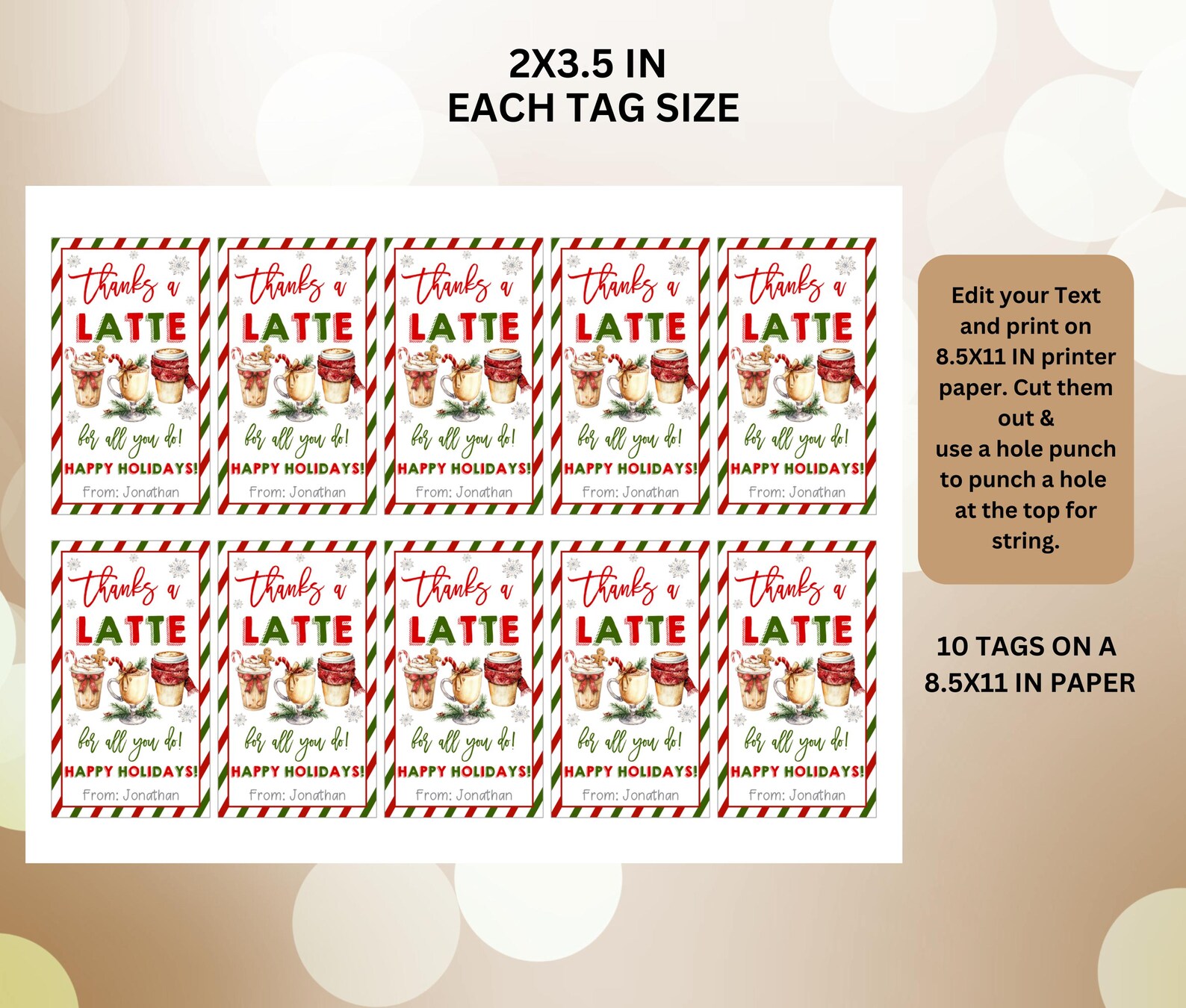 Christmas Gift Tags,editable Thanks a Latte for All You Do Favor Tag ...