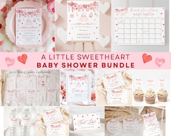 Little Sweetheart Baby Shower Invitation Bundle (Digital Download), Valentines Heart Girl Baby Shower