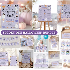 Gruseliges Geburtstags-Bundle, EDITIERBARE Halloween 1. Geburtstag Mädchen Jungen einladen, Lila Spooky One Halloween, niedlicher Geist Printable InstantDownld