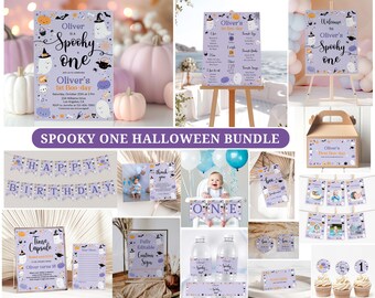 Halloween 1st Birthday Invitation Bundle Purple, Spooky One Invite Girl,Halloween 1st Birthday Party Decorations Printable Purple