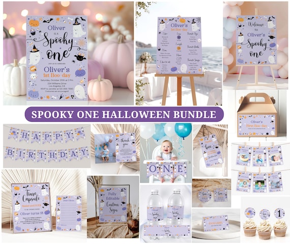 Halloween 1st Birthday Invitation Bundle Purple, Spooky One Invite Girl,Halloween 1st Birthday Party Decorations Printable Purple
