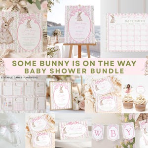 May include: A baby shower bundle with a bunny theme. The set includes invitations, games, cupcake toppers, and a banner. The text "Some Bunny Is On The Way" is displayed. The color scheme is soft pink and white.
