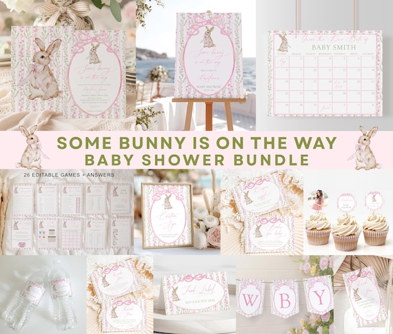 Some Bunny is on the way Baby Shower Bundle,Coquette Vintage Pink Bow Baby Shower Set,Grandmillenial Spring Bunny Baby Shower,Easter Floral