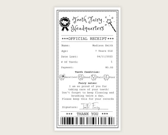 Editable Tooth Fairy Receipt Printable Certificate | First Tooth Lost | Realistic Tooth Fairy Letter | Kids Tooth Fairy Letter | Lost Tooth