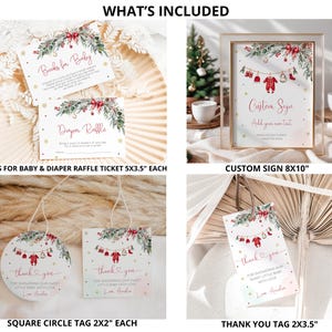 May include: A selection of baby shower stationery, featuring cards and tags with festive floral and baby clothes illustrations. The cards include text like "Books for Baby" and "Diaper Raffle." The set also includes a custom sign and thank you tags, perfect for a baby shower.