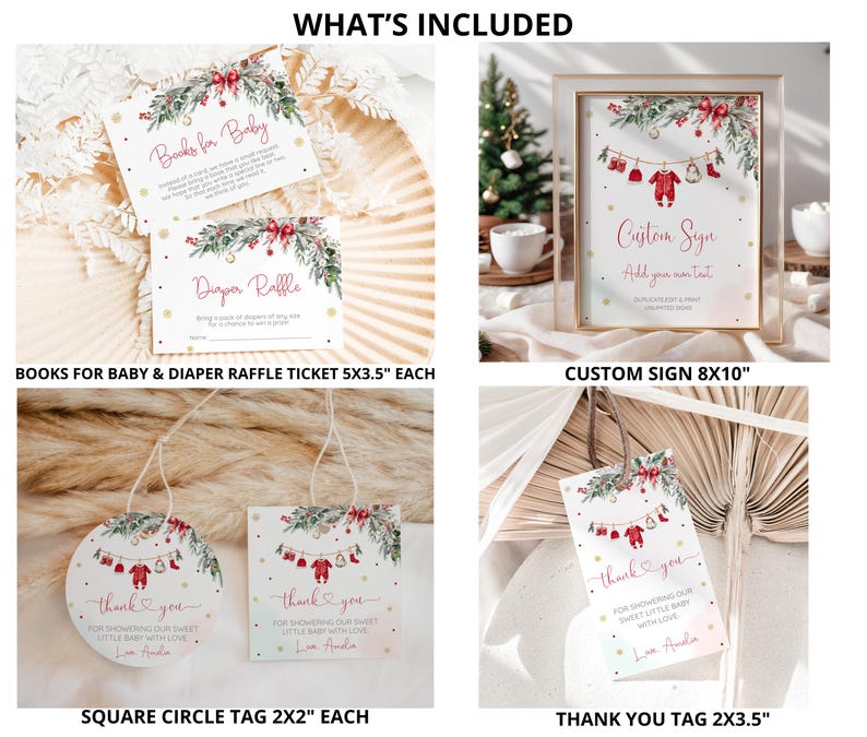 May include: A selection of baby shower stationery, featuring cards and tags with festive floral and baby clothes illustrations. The cards include text like "Books for Baby" and "Diaper Raffle." The set also includes a custom sign and thank you tags, perfect for a baby shower.