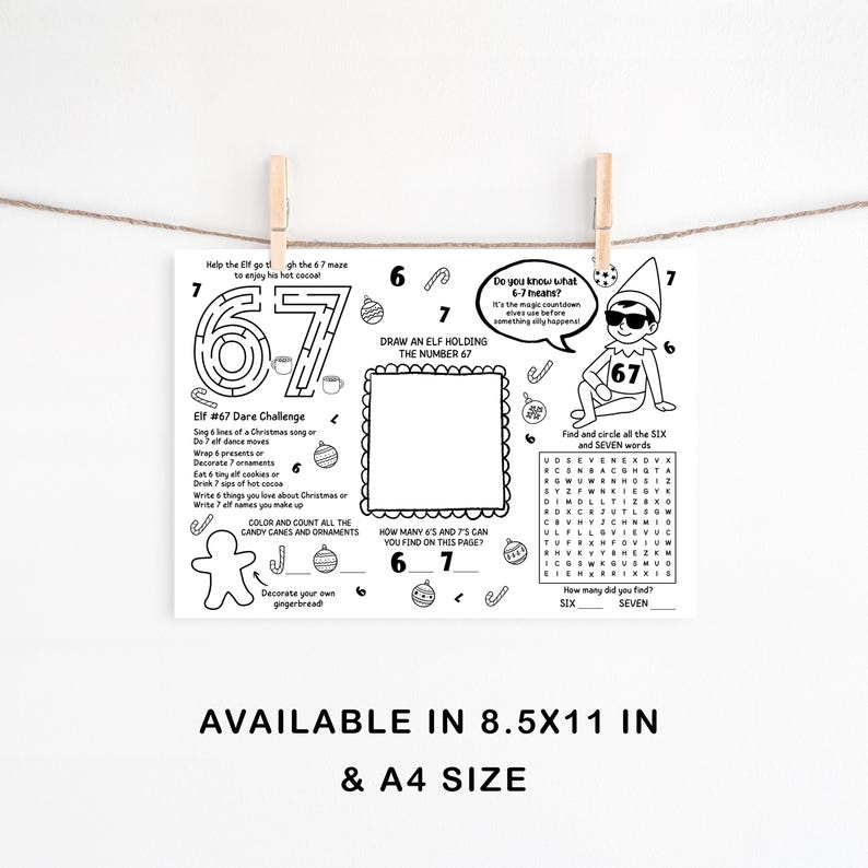 Elf 67 Activity Sheet Printable, Six Seven Trending Meme Funny Elf ...