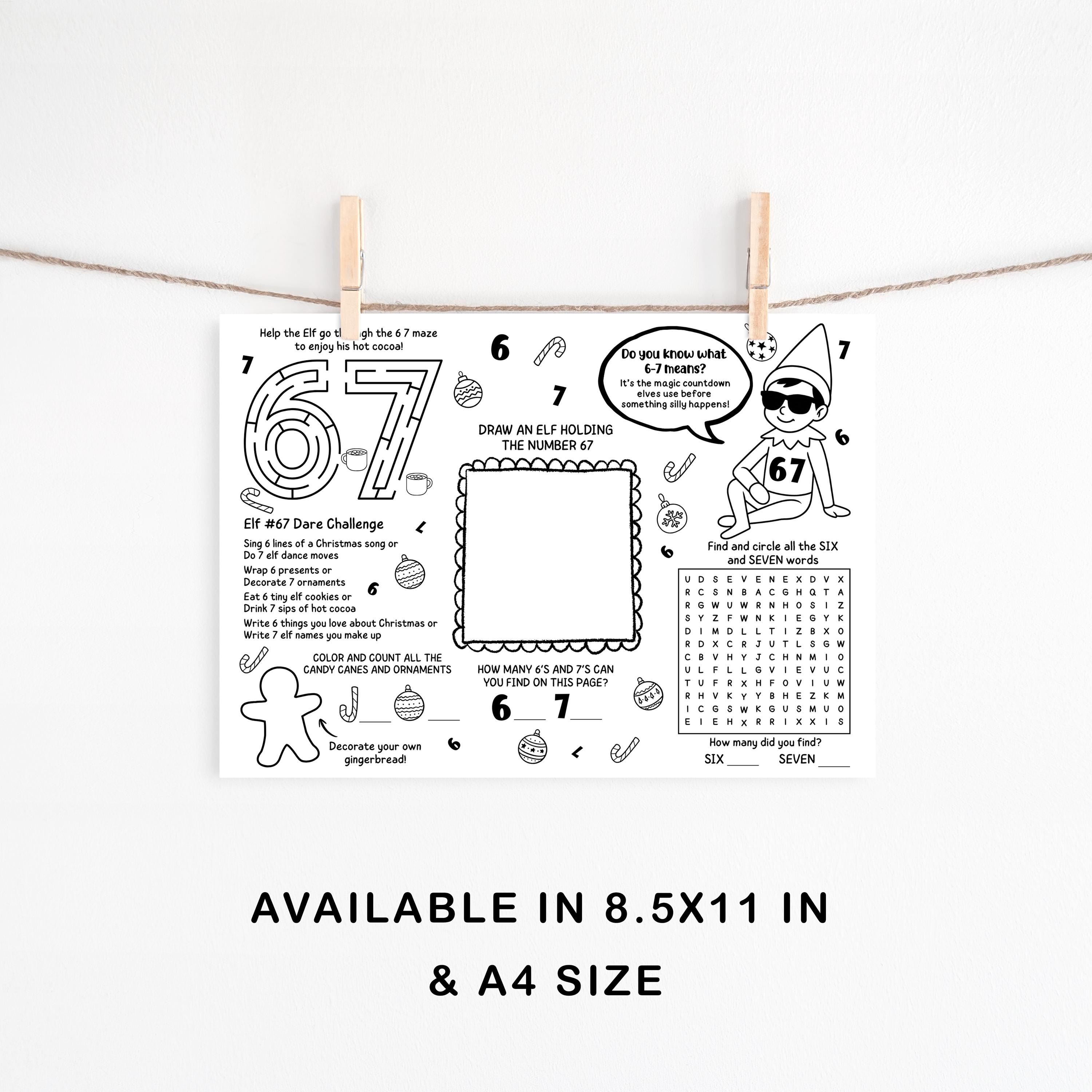 Elf 67 Activity Sheet Printable, Six Seven Trending Meme Funny Elf ...