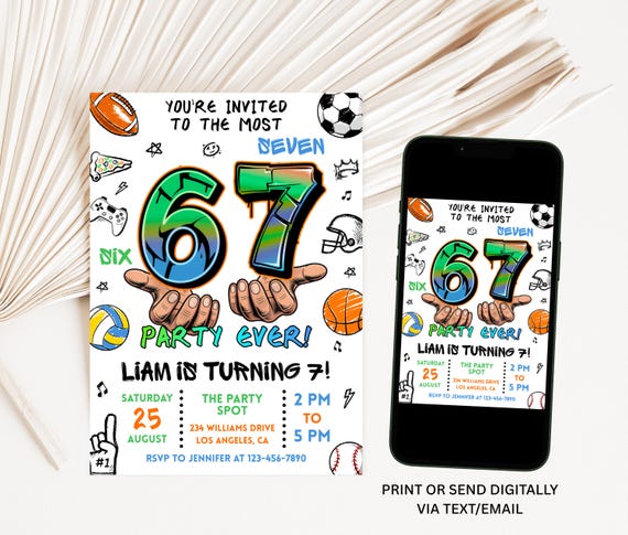 6-7 Sports Birthday Invitation,Editable Meme Trending Six Seven Party Invite, Bruh,Boy Gaming Birthday,Kids Birthday Digital Invite Graffiti