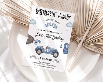 Race Car First Birthday Invitation, Editable Blue Vintage Race Car Birthday Invitation,Fast One, First Lap,Digital Template,INSTANT DOWNLOAD