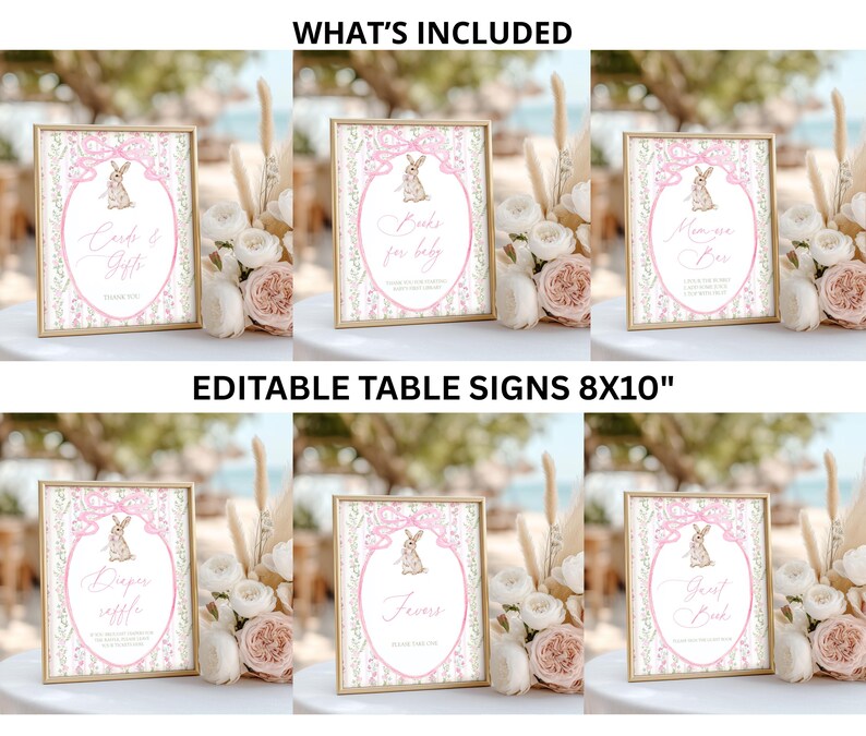 May include: A collection of six framed signs with gold borders, featuring pink and white designs with a bunny illustration. The signs include text such as "Cards & Gifts" and "Favors". The text "WHAT'S INCLUDED" and "EDITABLE TABLE SIGNS 8X10" are also visible.