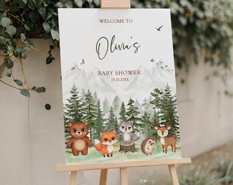 Välkomstskylt för babyshower i skogen: Redigerbara djurposters (digital nedladdning)