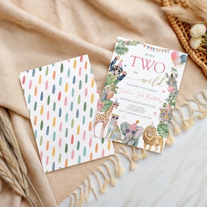 May include: Two-sided birthday party invitation with a jungle animal theme. The front features the text "Born Two Be Wild" and animal illustrations. The back has a pattern of colorful vertical ovals. The invitation is on a white background.