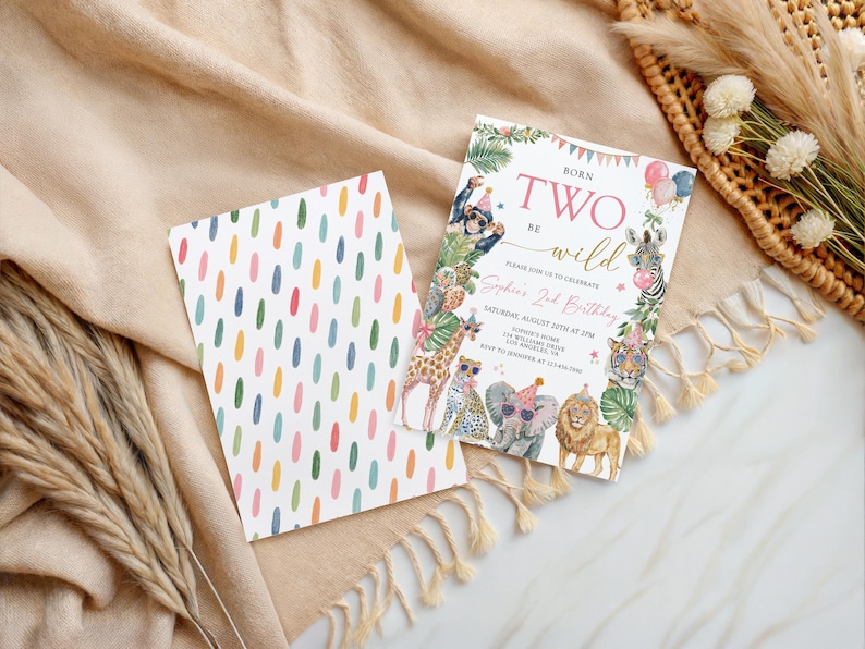 May include: Two-sided birthday party invitation with a jungle animal theme. The front features the text "Born Two Be Wild" and animal illustrations. The back has a pattern of colorful vertical ovals. The invitation is on a white background.
