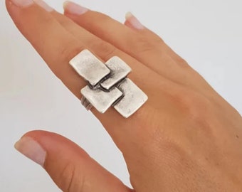 Adjustable Geometric Ring, Wall Ring, Silver Boho Ring, Square Ring, Ractangle Ring, Brutallist Ring, Brown Ring, Christmas Gift, R1050 as