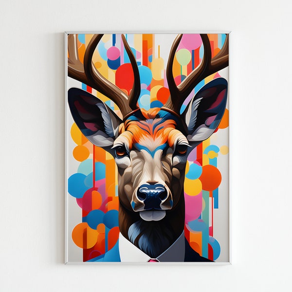 Dapper Deer in a Suit - Digital Download Wall Art in 5 different ratios - Stylish Deer Illustration with Bright Colors - Instant Download