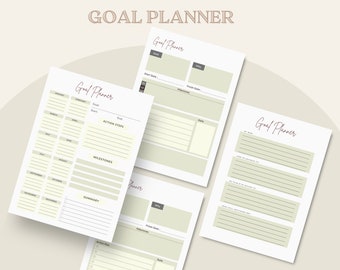 May include: A collection of goal planner pages with a soft beige background. The pages feature sections for goals, action steps, milestones, and summaries. The text "Goal Planner" is written in a cursive font.