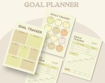 May include: A collection of goal planner sheets with the text "GOAL PLANNER" at the top. The sheets include sections for tracking goals, to-do lists, and action plans. The color scheme is soft, with beige and light green hues.