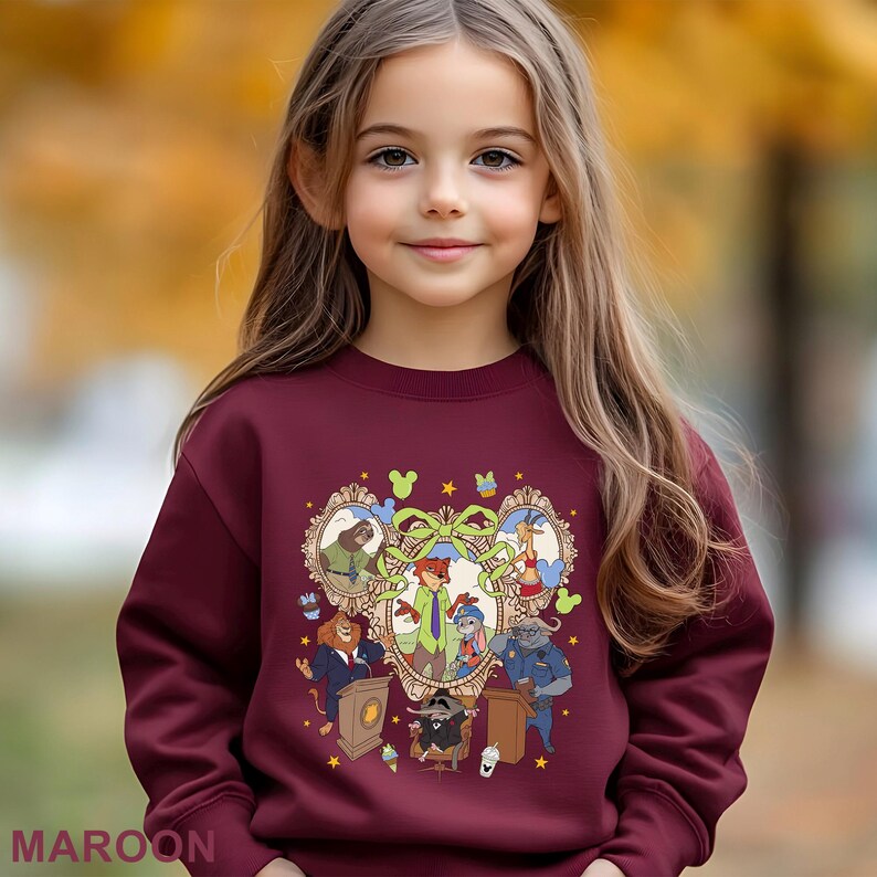 A young girl with long blonde hair wearing a maroon sweater with a colorful graphic design featuring various cartoon characters.